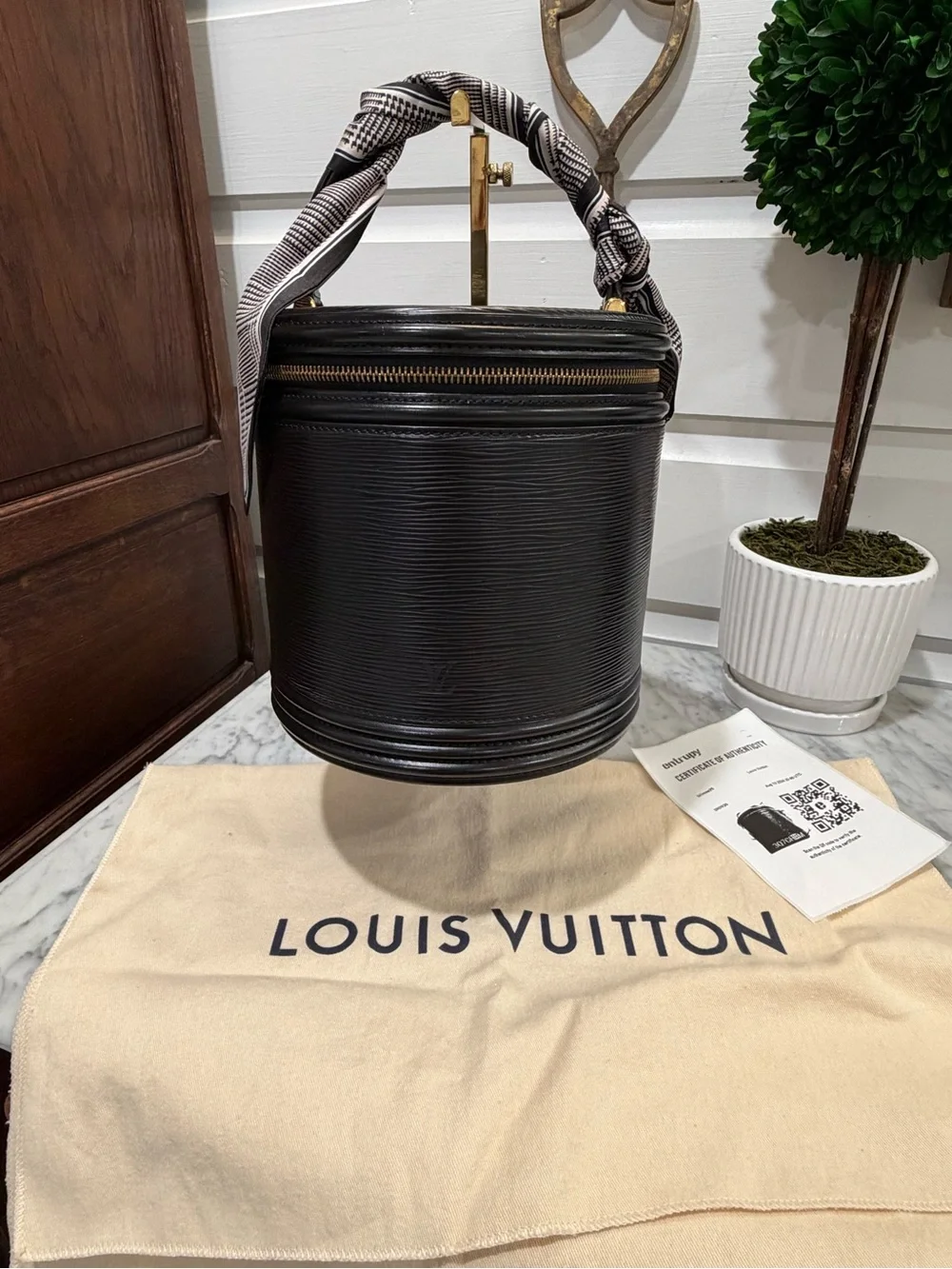 Louis Vuitton Black Epi Leather Cylinder Vanity Bag with Patterned Scarf Handle